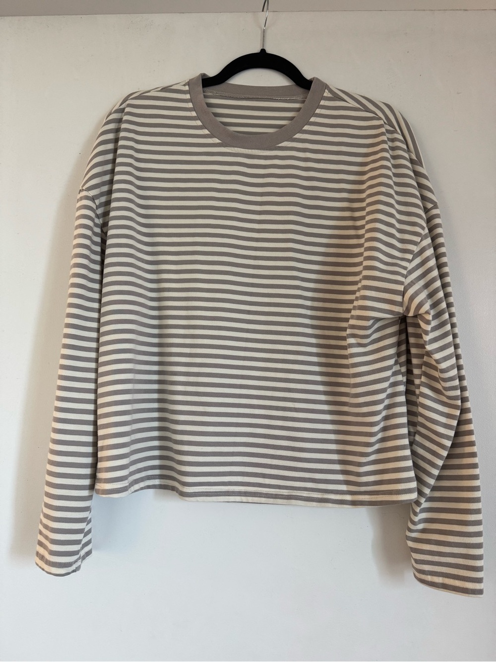 Striped Long-Sleeve Crewneck Top in Beige and White NWOT